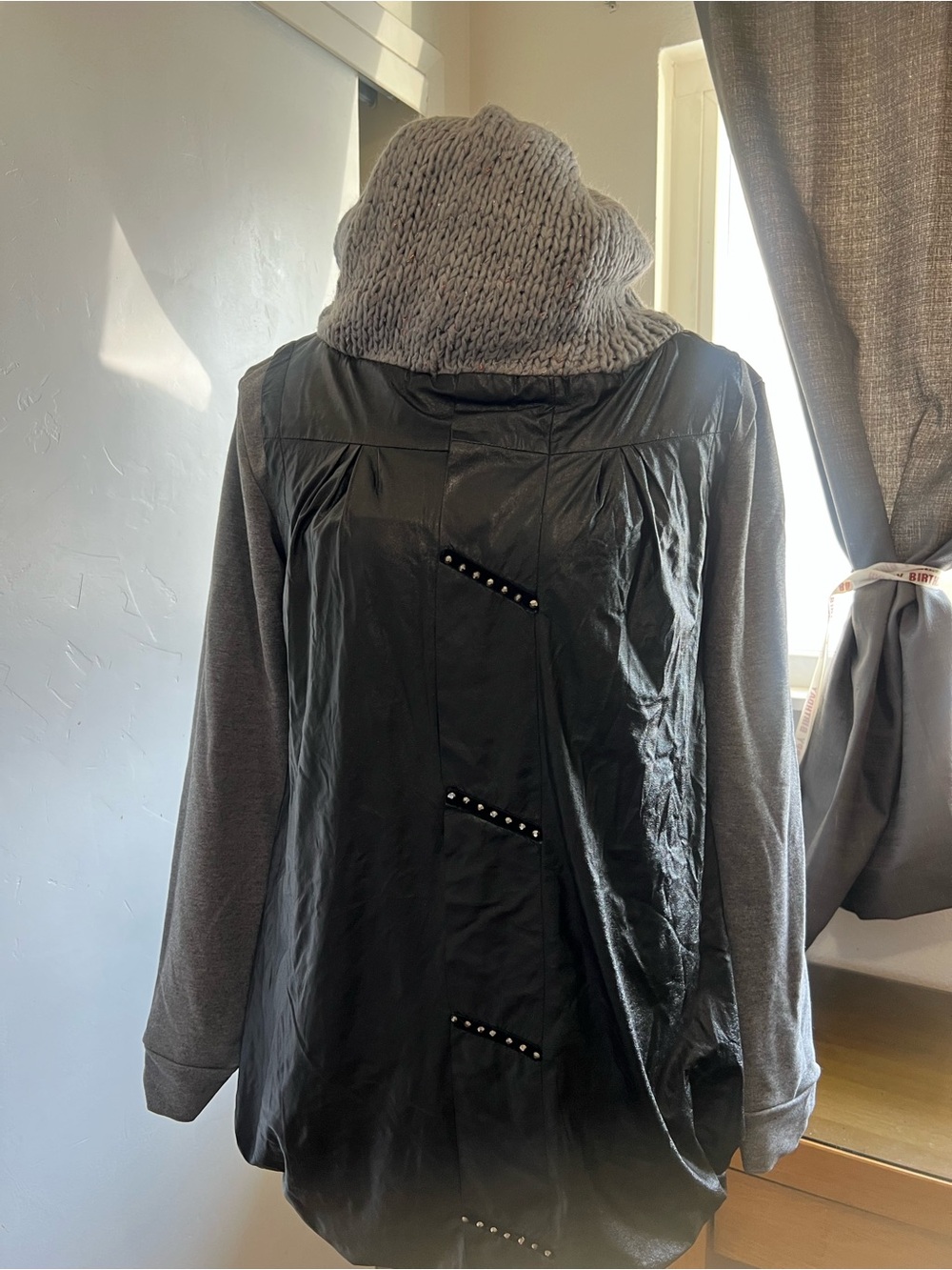 Women’s Black & Gray Mixed-Media Coat with Knit
